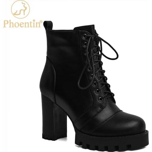 Phoentin famous brand women genuine leather boots with zip womens platform heels black lace up boots stylish round toe FT1109
