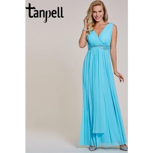 Tanpell long evening dress elegant sky blue v neck sleeveless floor length a line dress cheap crystal draped formal evening gown