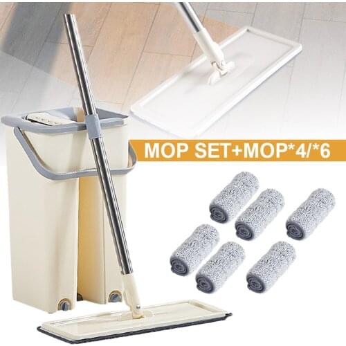360° Rotating Flat Mop Bucket Set Hands Free Squeeze Mop Floor Cleaning Stainless Steel Handle 4/6 Mop Pads Perfect Home Kitchen