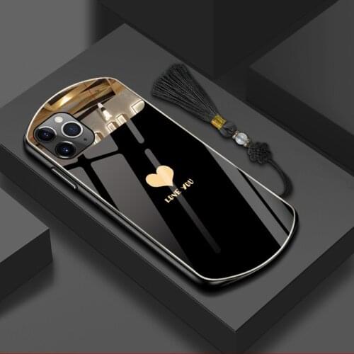 Luxury Cute Oval Heart-shaped Tempered Glass Phone Case For iPhone 12 11 Pro Max XSmax XR X SE 8 7 6 Plus Mirror Lanyard Cover