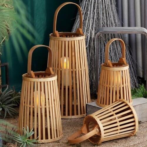 Handmade Natural Wooden Bamboo Candle Lanterns With Handle In Small Middle Large Sizes Home Garden Decor Hollow Candle Holder