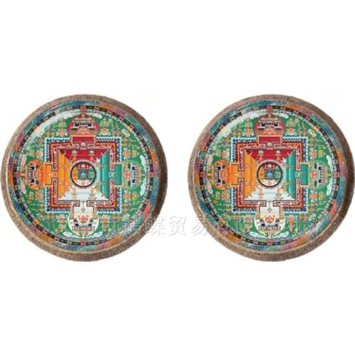 Handmade Om Yaga Symbo Earrings Zen Buddhism Mandala 12mm Glass Dome Cabochon Sacred Geometric Figure Combination Stud Earrings