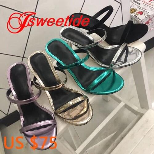 Genuine leather Flats round peep toe women Spring Summer Slippers Outdoor Flip Flop High heels Metal patent Sexy Slippers