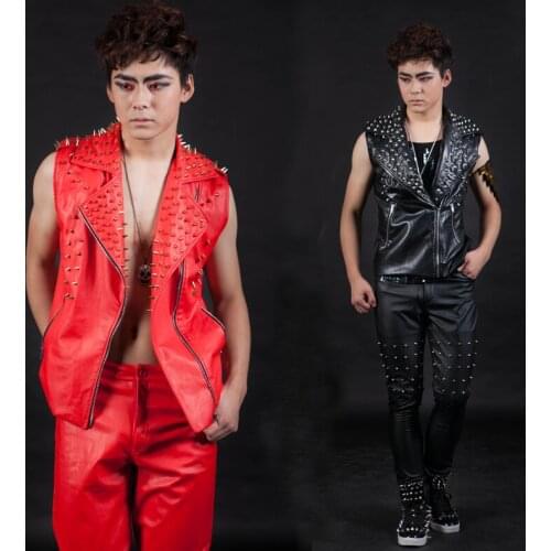 XS-6XL!!Male ds costumes rivet motorcycle leather vest hip-hop fashion vest male