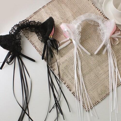 Maid Women Ruffles Lace Headband Plush Cat Ears Ribbon Bell Hair Hoop Cosplay and Material is lace, plush