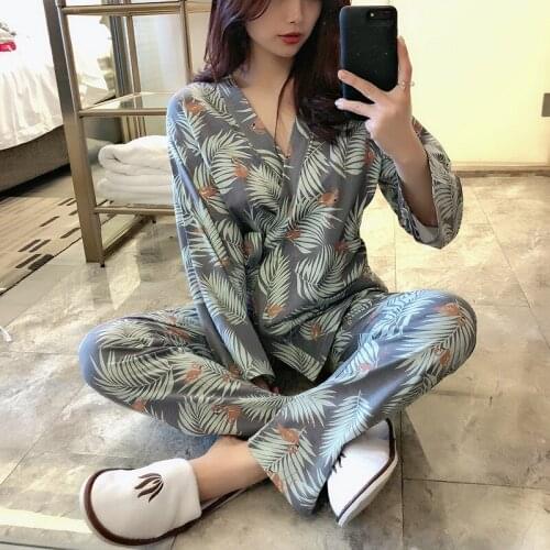SLPBELY Women Pajamas Kimono Set Spring Flower Cotton Long Sleeve Sleepwear Nightwear Homesuit Comfortable Leisure Homewear