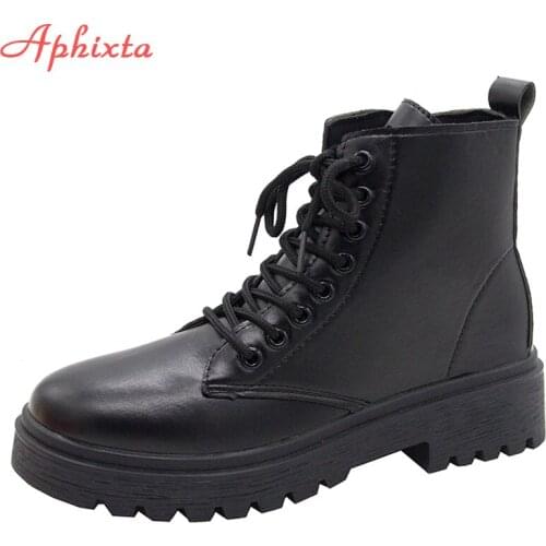 Aphixta 2021 Boots Women Lace-up Zip 4cm Square Heel Antiskid Fashion Platform Ankle Boots Shoes Woman Boats Plus Large Szie 42