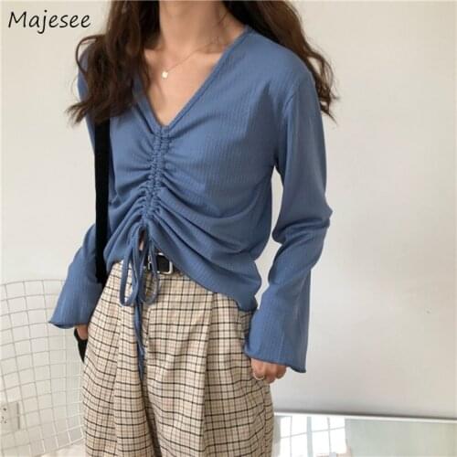Long Sleeve T-shirts Womens V-neck Drawstring Solid Plus Size 5XL Flare Loose Bottoming Chic Leisure Elegant Soft Fashion Tops
