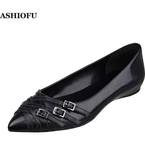 ASHIOFU Hot Sale Handmade Ladies Flat Shoes Buckles Party Prom Slip-on Ballets Shoes Plus Size Evening Fashion Flats Shoes KL056