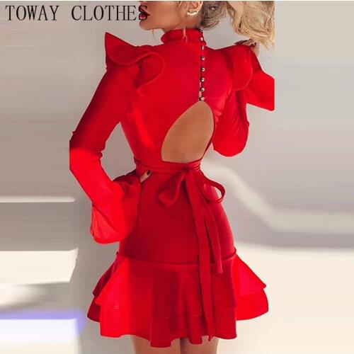 Women Mock Neck Casual Mini Long Sleeve Solid Backless Ruffle Dress Casual Bodycon Dress