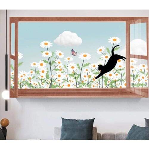 Animal Black Cat Sunflowers Canvas Painting Wood Windows Landscape Room Posters Wall Art Bedroom Picture For Living Room Bedroom