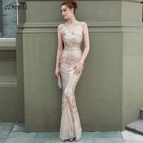 Golden Shining Evening Dress Sexy One Shoulder Party Dress Vestido de Fiesta Sequin Mermaid Dress Formal Prom Dress YNY-18160