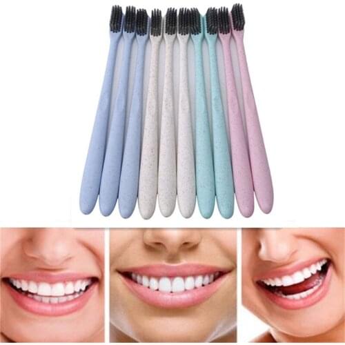 10Pcs/Set Eco Friendly Toothbrush Natural Wheat Straw Handle Bamboo Charcoal Bristle Adult Soft Ultra Fine Bristles Toothbrushes