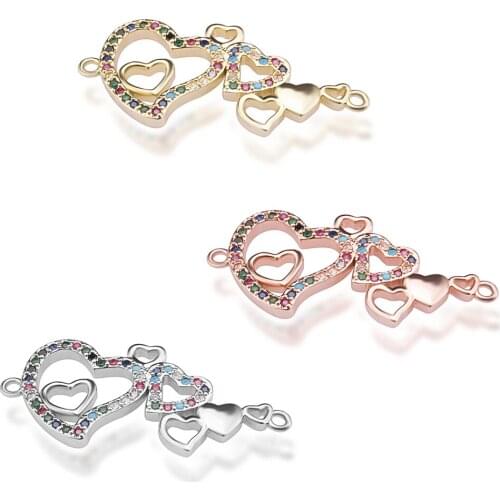 16×27mm Micro Inlaid Color Crystal Hollow Heart Combination Alloy Connector DIY Handicraft Bracelet Necklace Accessories
