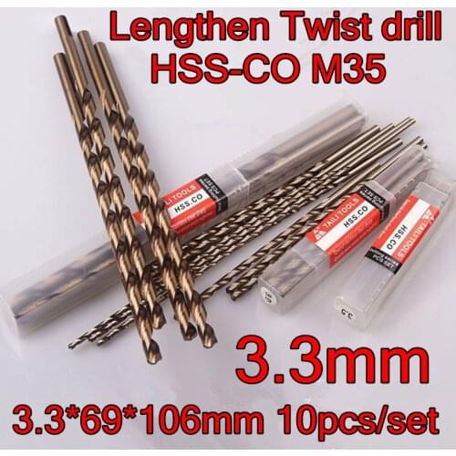 3.3*69*106mm 10pcs/set HSS CO5% M35 Containing cobalt longer twist drill Processing stainless steel and steel