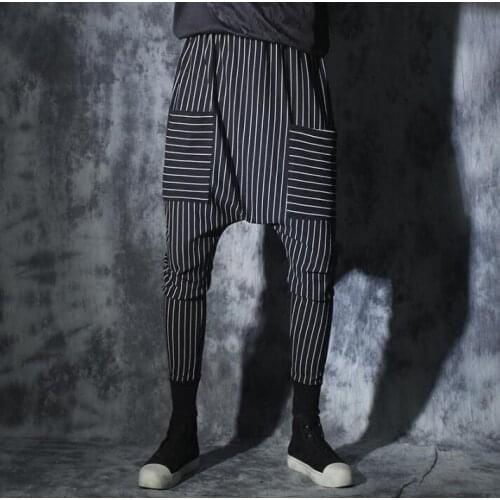 Black personality Large pocket drawstring mens stripe pants harem pant men feet trousers pantalones hombre cargo pantalon homme