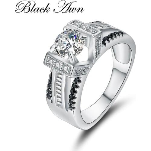 [BLACK AWN] Genuine 100% 925 Sterling Silver Jewelry Rings for Women Black&White Stone Bague C300