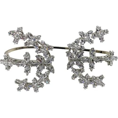 Zircon Plam Cuff Women Bridal Flower Hand Palm Bangle Cuff Bracelet Same Ring Double Ring Jewlery Wedding Party