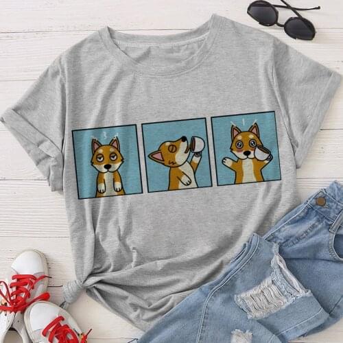 Shiba Inu Kawaii Graphic Print T-shirt Women 2020 New Summer Moda Korean Tshirt Tee Harajuku Aesthetic Gray Tops Female T Shirt