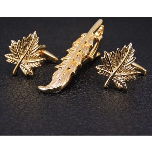 HYX Classic golden Tie Clips cufflinks set for Men High Quality Maple leaves modeling Necktie Tie Bar link Clasp Brand Jewelry