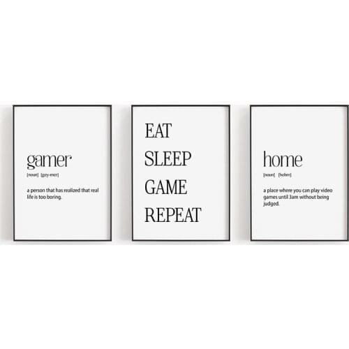 Eat Sleep Game Repeat Quotes Wall Art Canvas Painting Black White Wall Poster Video Gamer Prints For Living Room Modern Home Dec