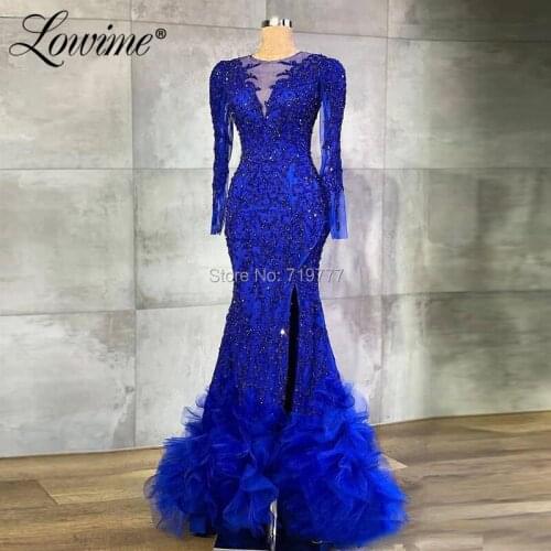 Royal Blue Beaded Formal Evening Dresses 2020 Saudi Arabic Crystal Custom Mermaid Party Dress Robe De Soiree Dubai Kaftans
