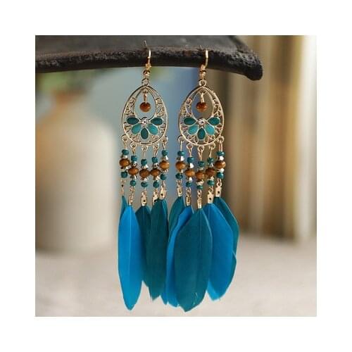 Summer Blue Long Feather Dangle Earrings For Women Beach Chain Tassel Drop Earrings Wedding Bride Jewelry Oorbellen Hangers
