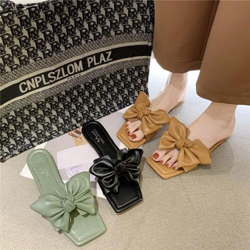 WEIBATE Summer Ladies Flat Slippers Indoor Non-slip Oversized Bow Decoration Leather Outdoor Slippers Ladies Open Toe Beach Shoe