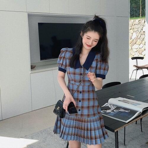 Luck A Summer New Women Plaid Slim Pleated Vintage Dress Fashion Casual Street Single-Breasted Puff Sleeve Draped Short Vestidos