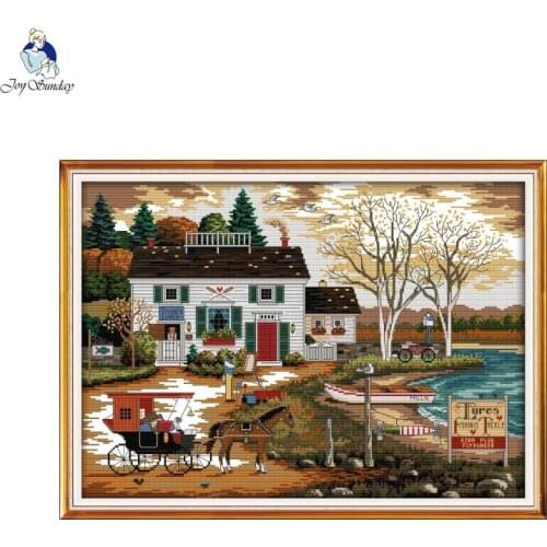 Living by the Water, Scenery Cross Stitch Kits 14CT 11CT Count Canvas Embroidery Set DIY Needlework Kit Home Decoration Painting