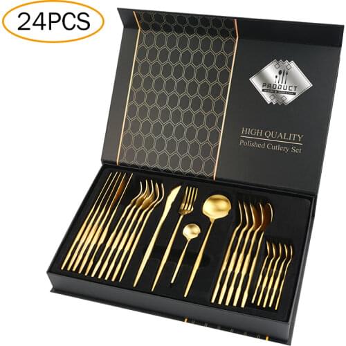 24PCS Cutlery Kit Gift Box Stainless Steel Steak Knife Spoon Fork Coffee Teaspoon Noble Wedding Party Travel Home Flatware Set