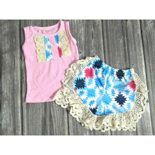 Summer lace cool outfits girls fashion O neck sleeveless top+elastic sweet shorts 2 pcs sets children kids clothing gxj