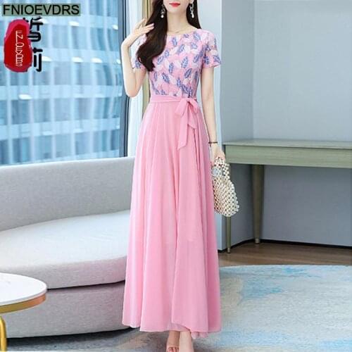 Flower Long Max Dresses Fashion Women Summer Hollow Out Off Shoulder Bow Tie Retro Floral Print A Line Feminine Vestidos Pink