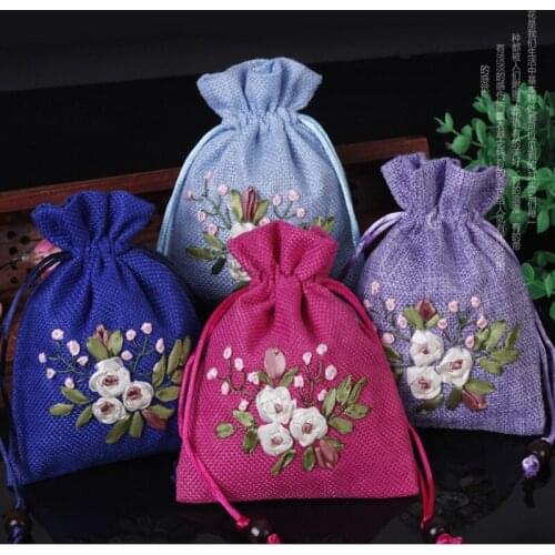 Hand Ribbon Embroidery Jewelry Gift Bag Small Drawstring Linen Pouch Wedding Party Favor Bag Fabric Packaging Bags 10pcs/lot