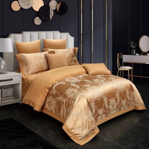 Luxury Golden Yellow Jacquard Satin Bedspread Cotton Bedding Set Duvet Cover Set Bed Linen Pillowcases Home Textile King Queeen