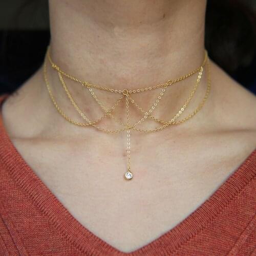 Wedding engagement italy thin silver color chain tassel simple minimalist Single stone bridal wedding elegant necklace 925