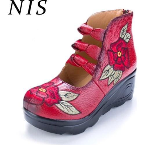 NIS Embroidery Flower Retro Platform Shoes Woman Zipper Chunky Heels Women Shoes Ethnic Mary Platform Flats Creepers
