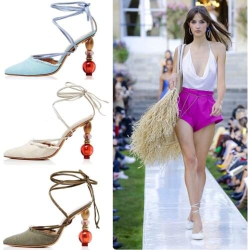 Fashion Geometric Heels Women Gladiator Sandals Summer Denim Ladies Slingbacks Pumps Lace Up Wedding Party Shoes Plus Size