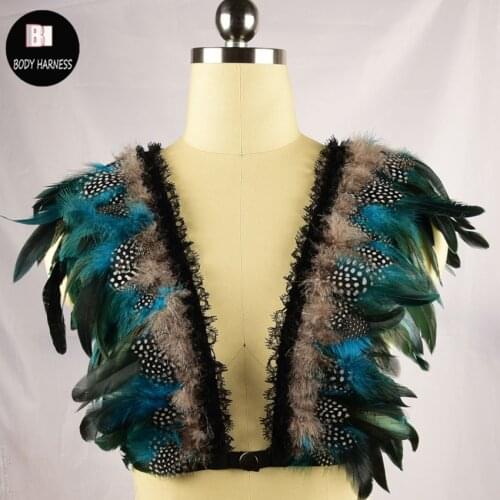 Women Colorful Feather Body Harajuku Feather Harness Sexy Bondage Lingerie Crop Top Open Chest Feather Body Cage harness Bra