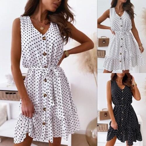 White Casual Single-Breasted Ruffle Stitching Dress With Belt Summer Sleeveless V-Neck Polka Dot Print Dress Womens Clothing