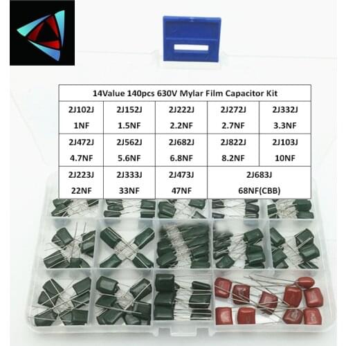 140PCS 14valuesX10pcs Mylar Film Capacitor Assorted Kit 630V 2J102J~2J683J 1nF~68nF Polyester film Capacitor 2J222J 2J152J