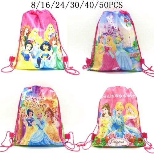 8/16/24/50PCS Six Princess Snow White Disney Drawstring Bags Travel Pouch Belle Cute Bag Cinderella School Backpack Portable