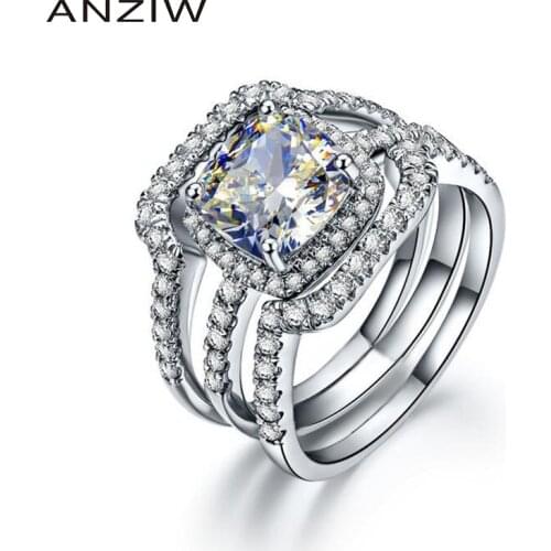 ANZIW Luxury Bridal Wedding Ring Set 925 Solid Sterling Silver 3 Carat Cushion Cut NSCD 3PC Women Engagement Halo Ring Set Gifts