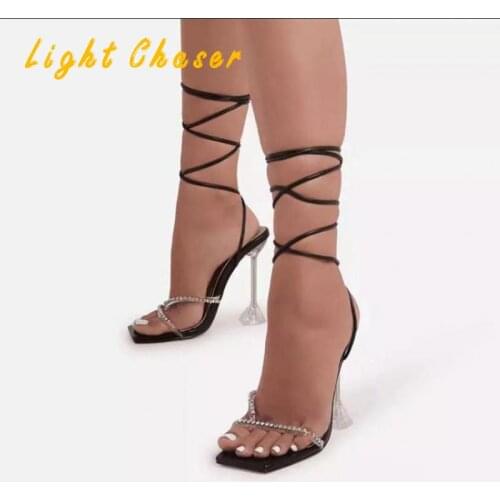 Summer Ladies Sandals Sexy Rhinestone Ladies High Heels Crystal Heel Party Shoes Female Cross Strap Sandals Female Large Size 43