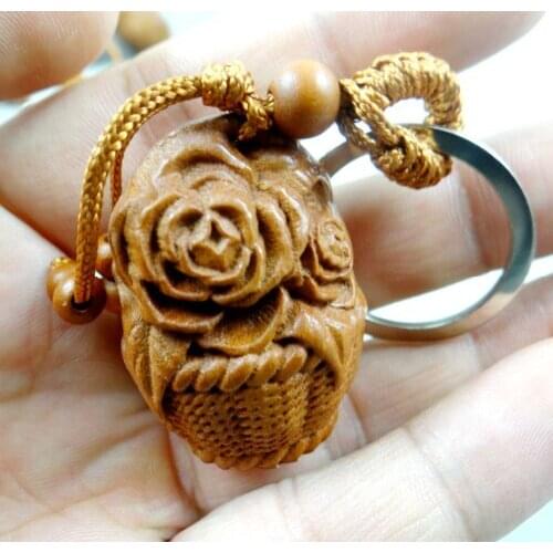 Mahogany Three-dimensional Engraving Key Chain Lifelike Flower basket Pendant Key Ring Jewelry Gift For Car Accessories L2
