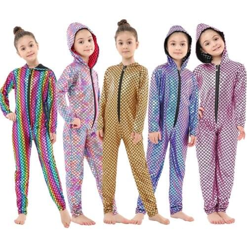 Spandex Rainbow One Piece Hooded Jumpsuits Baby Girls Mermaid Metallic Faux Leather Bodysuits Baby Rompers Cosplay Clothes