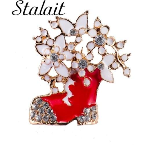 Statement Rhinestone Boots Brooches Pins For Women Enamel White Flower Christmas Brooch Coat Broches Fashion Xmas Jewelry