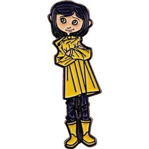 Coraline enamel pin yellow raincoat brooch creepy animation badge cute doll pins women shirts jackets accessories