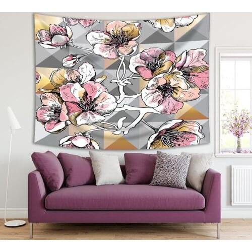 Tapestry Cherry Blooms Flower Tree Branches on Geometric Background Spring Nature Theme Art Pink Yellow Gray