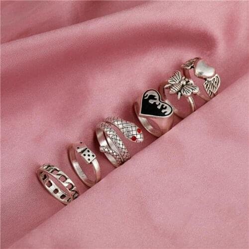 Gothic Heart Snake Rings Set for Women Men Funny Creative Silver Color Animal Bee Skull Ring Hiphop Jewelry